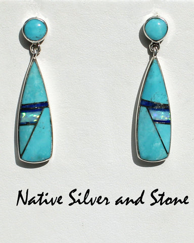 Z Sheryl Martinez - Navajo Jewelry<br>Earrings - "Bowling Pin"<br>Dangle Post Multi-Inlay <br>Turquoise, Opal, Lapis