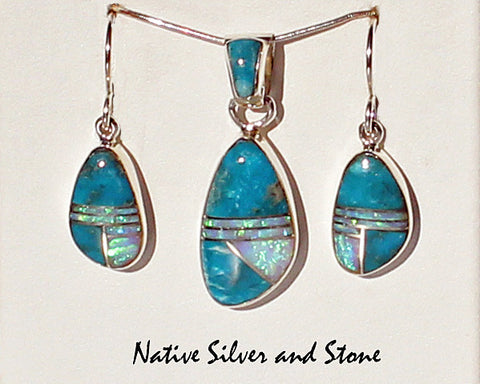 Z Sheryl Martinez - Navajo Jewelry<br>Set - Multi-Inlay Freeform (Kidney)<br>Pendant & Earrings (French Wire)<br>Fox Turquoise & Opal