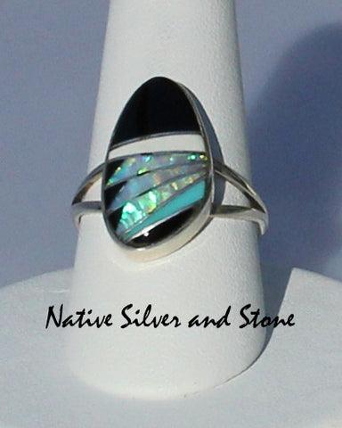 Z Sheryl Martinez - Navajo Jewelry<br>Ring Multi-Inlay "Kidney" Oblong Oval<br>Opal Feathercut<br>Black Onyx, Imitation Opal, Howlite, & Turquoise<br>Size 9-1/4