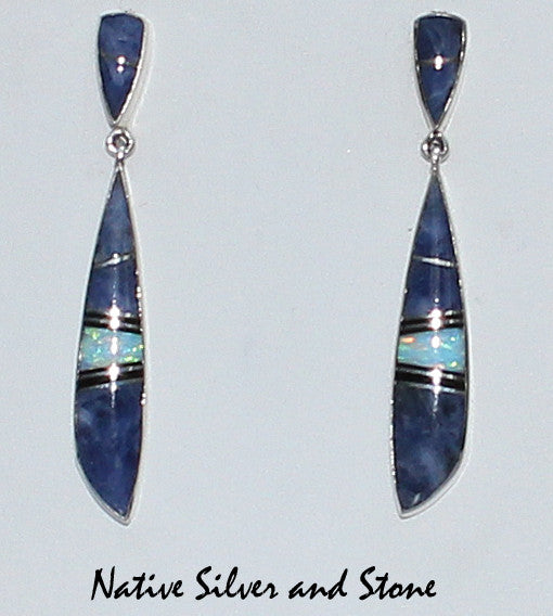 Z Sheryl Martinez - Navajo Jewelry<br>Earrings - Angle Spear<br>Dangle Post Multi-Inlay <br>Sodalite, Opal, & Onyx