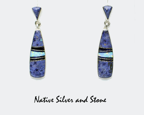 Z Sheryl Martinez - Navajo Jewelry<br>Earrings - "Bowling Pin"<br>Dangle Post Multi-Inlay <br>Sodalite, Opal, & Onyx