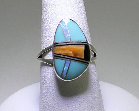 Z Sheryl Martinez - Navajo<br>13/16" Ring Multi-Inlay<br>Oblong Oval Turquoise,<br>Orange Spiny Oyster, Opal, & Onyx<br>Size 7.25
