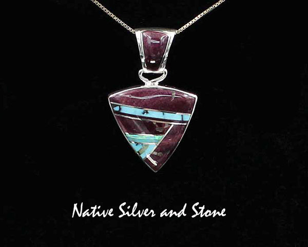 Sheryl Martinez - Navajo<br>3/4" Pendant Multi-Inlay<br>Small Arrowhead<br>Purple Spiny, Turquoise,<br>Opal, & Onyx<br> Sterling Silver