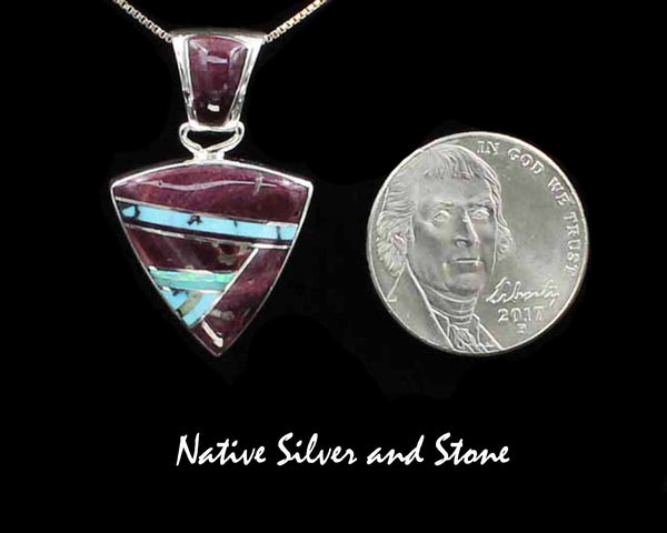 Sheryl Martinez - Navajo<br>3/4" Pendant Multi-Inlay<br>Small Arrowhead<br>Purple Spiny, Turquoise,<br>Opal, & Onyx<br> Sterling Silver