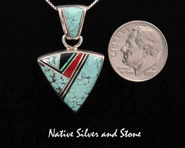Sheryl Martinez - Navajo<br>3/4" Pendant Multi-Inlay<br>Small Arrowhead<br>Turquoise, Coral, Jet, and Opal<br>Sterling Silver