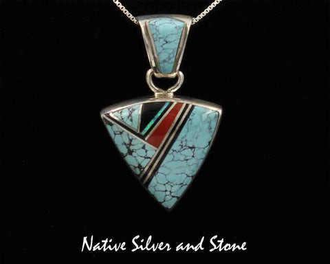 Sheryl Martinez - Navajo<br>3/4" Pendant Multi-Inlay<br>Small Arrowhead<br>Turquoise, Coral, Jet, and Opal<br>Sterling Silver