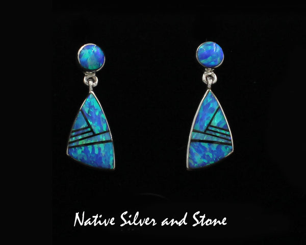 Z Sheryl Martinez - Navajo Jewelry<br>Earrings - Dangle Post<br>Multi-Inlay Small "Sharkfin"<br>Dark Blue Opal, Onyx, <br>and White Opal