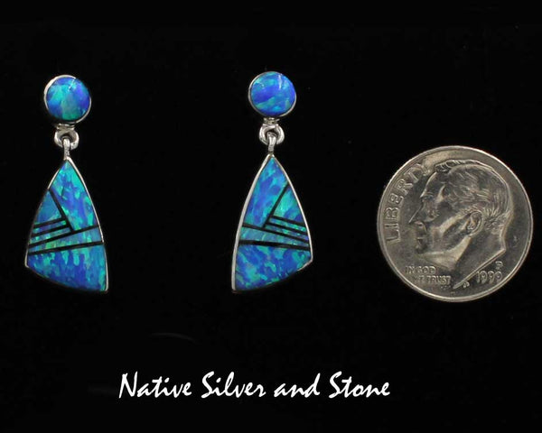 Z Sheryl Martinez - Navajo Jewelry<br>Earrings - Dangle Post<br>Multi-Inlay Small "Sharkfin"<br>Dark Blue Opal, Onyx, <br>and White Opal