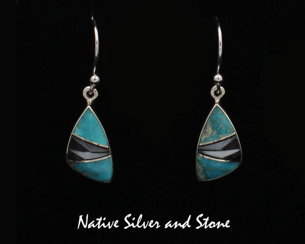 Z Sheryl Martinez - Navajo Jewelry<br>Earrings - French Wire Multi-Inlay<br> Feathercut Small "Sharkfin"<br>Kingman Turquoise, Jet, and Magnesite