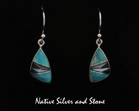 Z Sheryl Martinez - Navajo Jewelry<br>Earrings - French Wire Multi-Inlay<br> Feathercut Small "Sharkfin"<br>Kingman Turquoise, Jet, and Magnesite