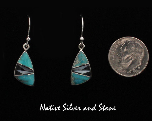 Z Sheryl Martinez - Navajo Jewelry<br>Earrings - French Wire Multi-Inlay<br> Feathercut Small "Sharkfin"<br>Kingman Turquoise, Jet, and Magnesite
