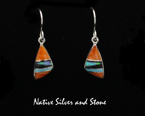 Z Sheryl Martinez - Navajo<br>5/8" Earrings Multi-Inlay<br> Small "Sharkfin"<br>Orange Spiny, Turquoise, Onyx, and Opal<br>Hook