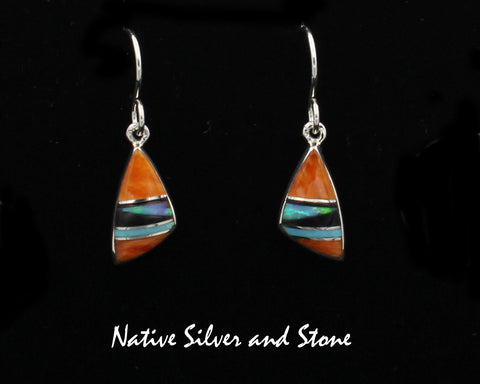 Z Sheryl Martinez - Navajo<br>5/8" Earrings Multi-Inlay<br> Small "Sharkfin"<br>Orange Spiny, Turquoise, Onyx, and Opal<br>Hook