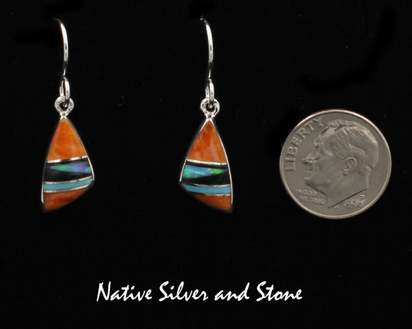 Z Sheryl Martinez - Navajo<br>5/8" Earrings Multi-Inlay<br> Small "Sharkfin"<br>Orange Spiny, Turquoise, Onyx, and Opal<br>Hook