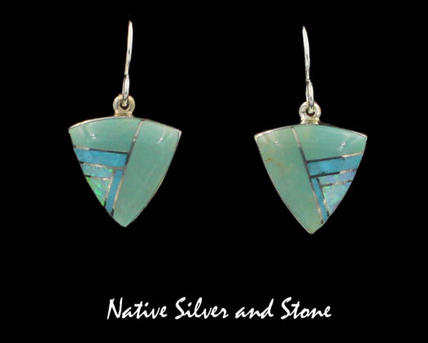 Sheryl Martinez - Navajo<br>5/8" Earrings Multi-Inlay<br>Small Arrowheads<br>Green & Blue Turquoise, & Opal<br>Hook<br>Sterling Silver