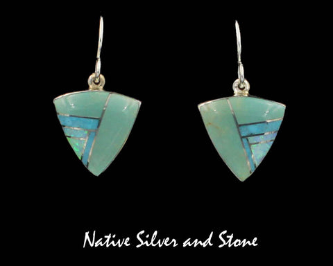 Sheryl Martinez - Navajo<br>5/8" Earrings Multi-Inlay<br>Small Arrowheads<br>Green & Blue Turquoise, & Opal<br>Hook<br>Sterling Silver