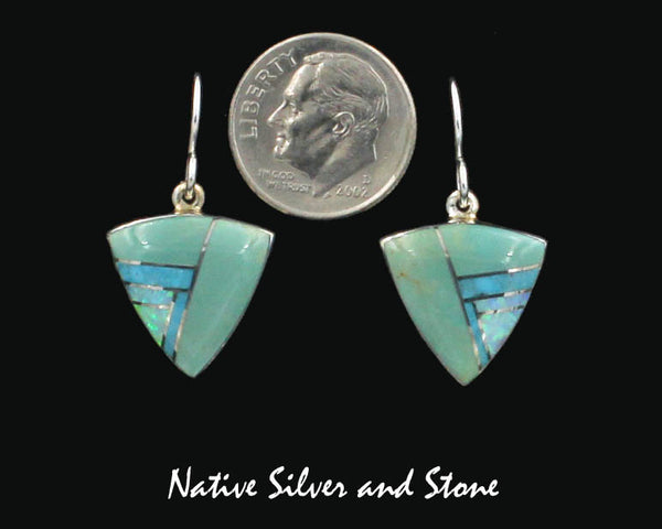 Sheryl Martinez - Navajo<br>5/8" Earrings Multi-Inlay<br>Small Arrowheads<br>Green & Blue Turquoise, & Opal<br>Hook<br>Sterling Silver