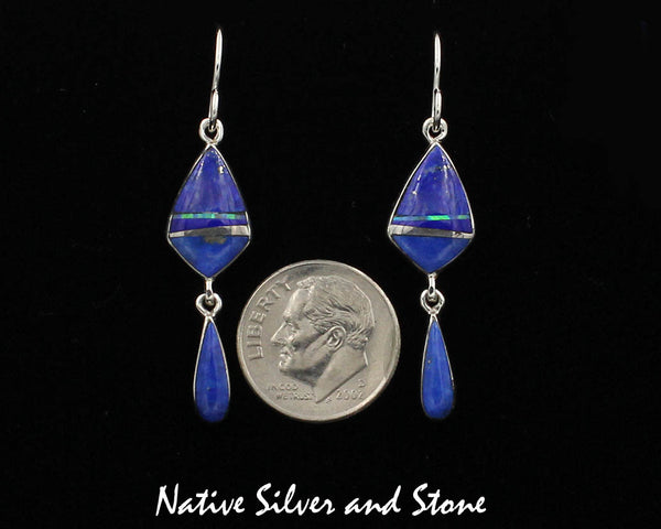 Z Sheryl Martinez - Navajo Jewelry<br>Multi-Inlay Earrings<br>Shepherd's Hook<br>Squat Diamond with<br>Teardrop Dangle<br>Lapis and Opal &<br>Sterling Silver
