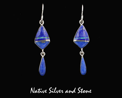 Z Sheryl Martinez - Navajo Jewelry<br>Multi-Inlay Earrings<br>Shepherd's Hook<br>Squat Diamond with<br>Teardrop Dangle<br>Lapis and Opal &<br>Sterling Silver