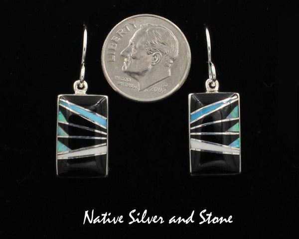 Z Sheryl Martinez - Navajo <br>5/8" Earrings<br>Feather-Cut Vertical Rectangles<br>Black Onyx, Opal, Turquoise, & Magnesite<br>Hook<br>Sterling Silver
