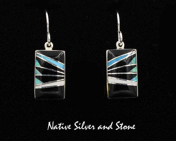 Z Sheryl Martinez - Navajo <br>5/8" Earrings<br>Feather-Cut Vertical Rectangles<br>Black Onyx, Opal, Turquoise, & Magnesite<br>Hook<br>Sterling Silver