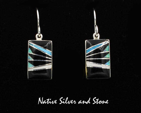 Z Sheryl Martinez - Navajo <br>5/8" Earrings<br>Feather-Cut Vertical Rectangles<br>Black Onyx, Opal, Turquoise, & Magnesite<br>Hook<br>Sterling Silver