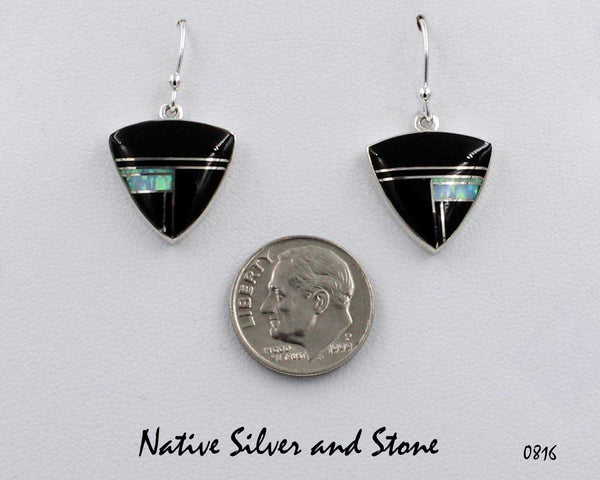 Z Sheryl Martinez - Navajo Jewelry<br>Earrings - Dangle Post<br> Curved Triangles Multi-Inlay <br>Onyx and Opal