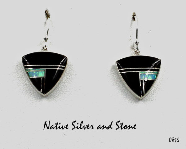 Z Sheryl Martinez - Navajo Jewelry<br>Earrings - Dangle Post<br> Curved Triangles Multi-Inlay <br>Onyx and Opal