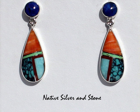 Z Sheryl Martinez - Navajo Jewelry<br>Earrings - "Baseball Bat"<br>Dangle Post Multi-Inlay <br>Lapis, Orange Spiny Oyster, Turquoise, Gaspiete, and Coral