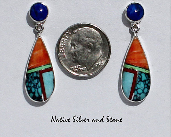 Z Sheryl Martinez - Navajo Jewelry<br>Earrings - "Baseball Bat"<br>Dangle Post Multi-Inlay <br>Lapis, Orange Spiny Oyster, Turquoise, Gaspiete, and Coral