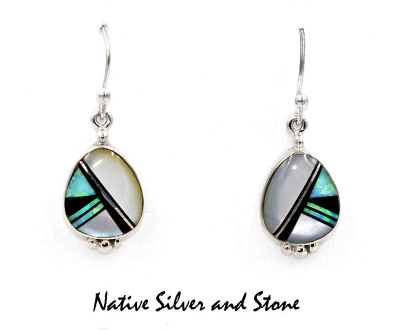 Z Sheryl Martinez - Navajo<br>5/8" Earrings Multi-Inlay<br>Fat Teardrop<br>Mother of Pearl, Onyx, & Opal<br>Sterling Silver