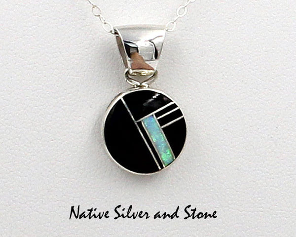 Z Sheryl Martinez - Navajo Jewelry<br>Multi-Inlay Round Pendant (Only)<br>Onyx and Opal<br>& Sterling Silver