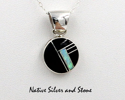 Z Sheryl Martinez - Navajo Jewelry<br>Multi-Inlay Round Pendant (Only)<br>Onyx and Opal<br>& Sterling Silver