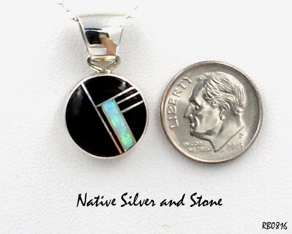 Z Sheryl Martinez - Navajo Jewelry<br>Multi-Inlay Round Pendant (Only)<br>Onyx and Opal<br>& Sterling Silver