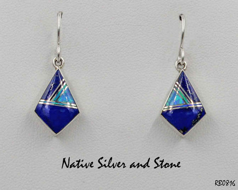 Z Cathy Webster - Navajo Jewelry<br>Earrings - French Wire<br>Small Arrowhead<br>Lapis, Onyx, & Opal<br>Multi-Inlay