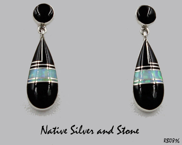 Sheryl Martinez - Navajo Jewelry<br>Earrings - "Baseball Bat"<br>Dangle Post Multi-Inlay <br>Onyx, Opal, and Sterling SIlver