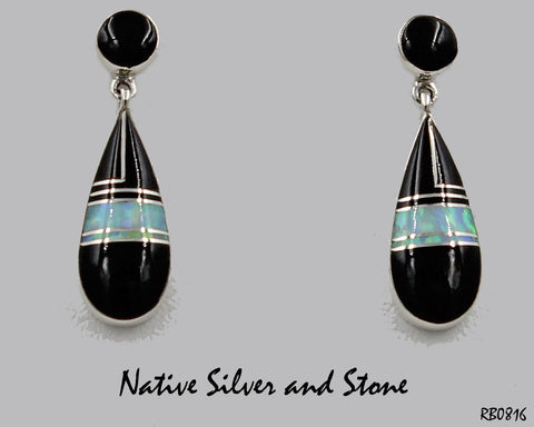 Sheryl Martinez - Navajo Jewelry<br>Earrings - "Baseball Bat"<br>Dangle Post Multi-Inlay <br>Onyx, Opal, and Sterling SIlver