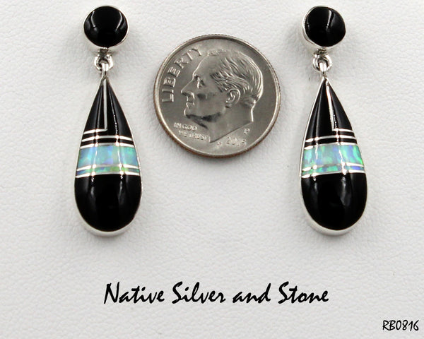 Sheryl Martinez - Navajo Jewelry<br>Earrings - "Baseball Bat"<br>Dangle Post Multi-Inlay <br>Onyx, Opal, and Sterling SIlver