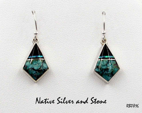 Z Cathy Webster - Navajo Jewelry<br>Earrings - French Wire<br>Small Arrowhead<br>Turquoise, Onyx, & Opal<br>Multi-Inlay