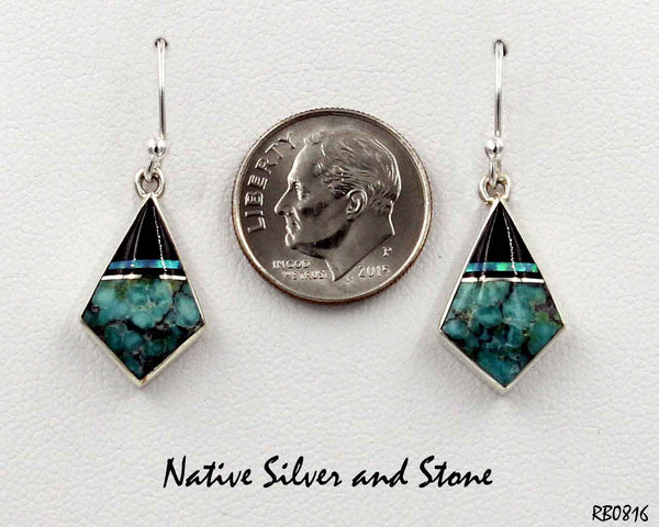 Z Cathy Webster - Navajo Jewelry<br>Earrings - French Wire<br>Small Arrowhead<br>Turquoise, Onyx, & Opal<br>Multi-Inlay