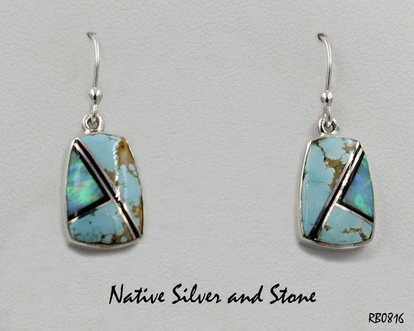 Z Sheryl Martinez - Navajo Jewelry<br>Handmade Earrings - French Wire<br>Free Form Rectangles<br>Turquoise, Opal, & Black Onyx<br>& Sterling Silver