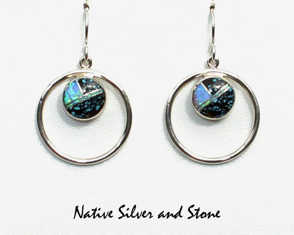 Z Cathy Webster - Navajo Jewelry<br>Earrings - Hook<br>Web Turquoise & Opal<br>in Medium Circle of Sterling Silver
