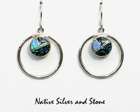 Z Cathy Webster - Navajo Jewelry<br>Earrings - Hook<br>Web Turquoise & Opal<br>in Medium Circle of Sterling Silver