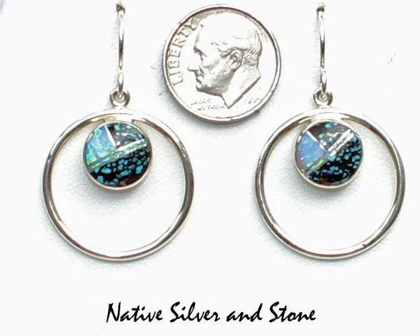 Z Cathy Webster - Navajo Jewelry<br>Earrings - Hook<br>Web Turquoise & Opal<br>in Medium Circle of Sterling Silver