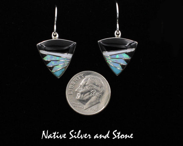 Z Sheryl Martinez - Navajo<br>5/8" Earrings Multi-Inlay<br>Small Arrowheads<br>Onyx, Opal, Magnesite, & Blue Turquoise<br>Feathercut<br>Hook<br>Sterling Silver