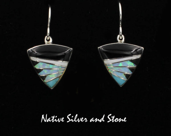 Z Sheryl Martinez - Navajo<br>5/8" Earrings Multi-Inlay<br>Small Arrowheads<br>Onyx, Opal, Magnesite, & Blue Turquoise<br>Feathercut<br>Hook<br>Sterling Silver