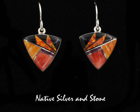 Z Sheryl Martinez - Navajo<br>5/8" Earrings Multi-Inlay<br>Small Arrowheads<br>Orange, Red, & Purple Spiny Oyster<br> Onyx and Opal<br>Feathercut<br>Hook<br>Sterling Silver