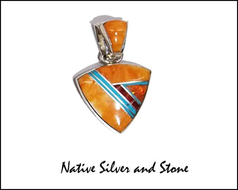 Z Sheryl Martinez - Navajo<br>3/4" Pendant Multi-Inlay<br>Small Arrowhead<br>Orange Spiny, Turquoise, Opal<br>Sterling Silver