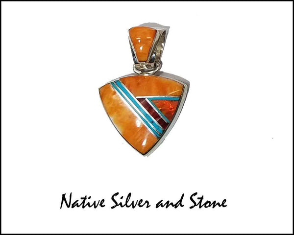 Z Sheryl Martinez - Navajo<br>3/4" Pendant Multi-Inlay<br>Small Arrowhead<br>Orange Spiny, Turquoise, Opal<br>Sterling Silver