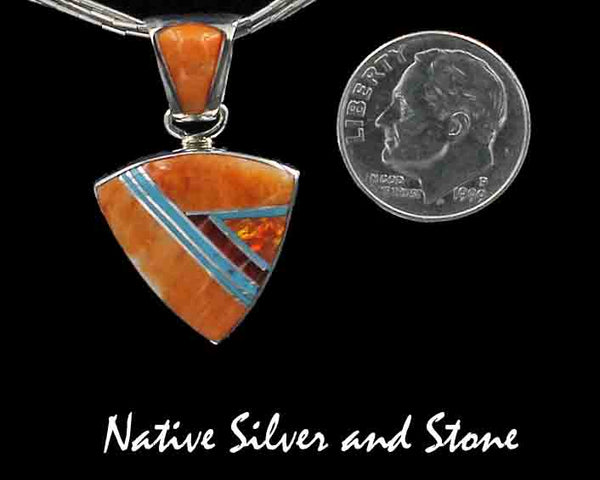 Z Sheryl Martinez - Navajo<br>3/4" Pendant Multi-Inlay<br>Small Arrowhead<br>Orange Spiny, Turquoise, Opal<br>Sterling Silver